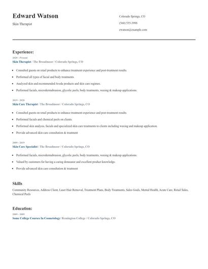 Skin Therapist Resume