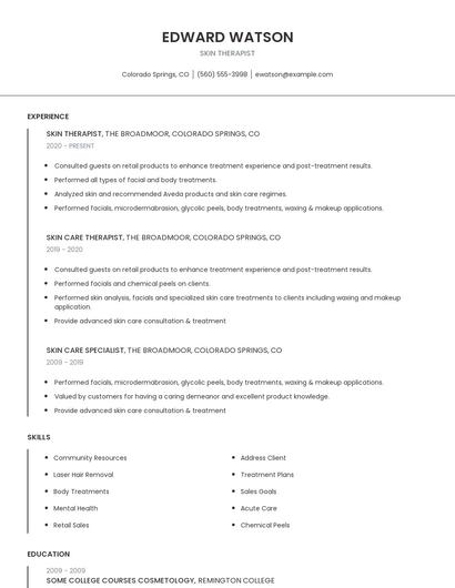 Skin Therapist Resume