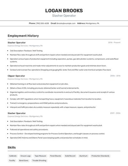 Slasher Operator Resume
