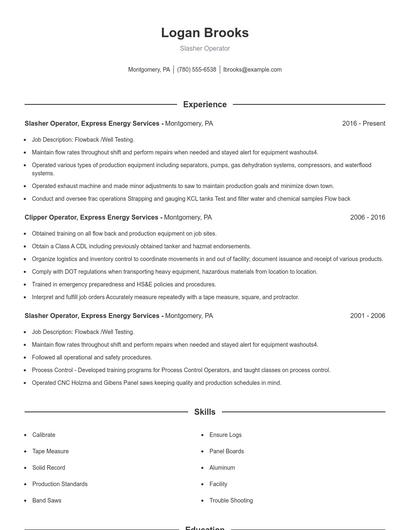 Slasher Operator Resume