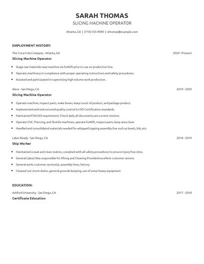 Slicing Machine Operator Resume