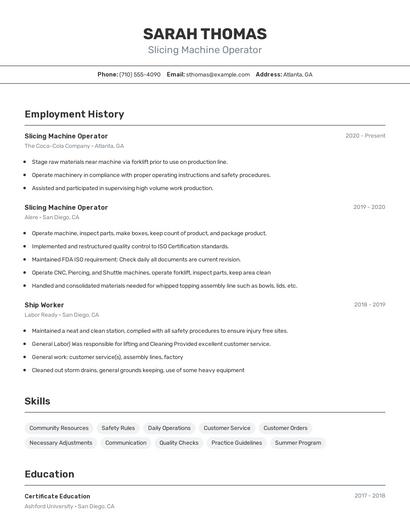 Slicing Machine Operator Resume
