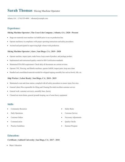 Slicing Machine Operator Resume