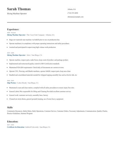 Slicing Machine Operator Resume