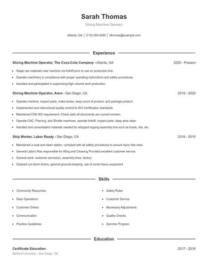 Slicing Machine Operator Resume