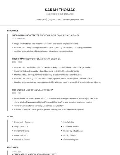 Slicing Machine Operator Resume