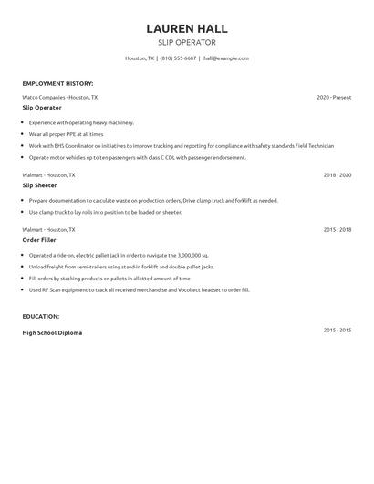 Slip Operator Resume