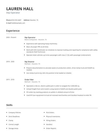 Slip Operator Resume