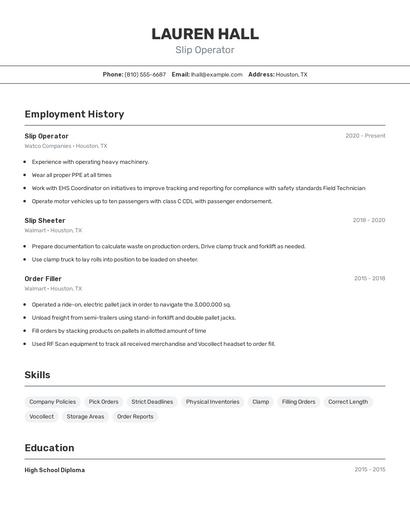 Slip Operator Resume