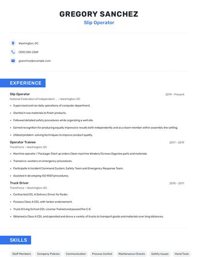 Slip Operator Resume