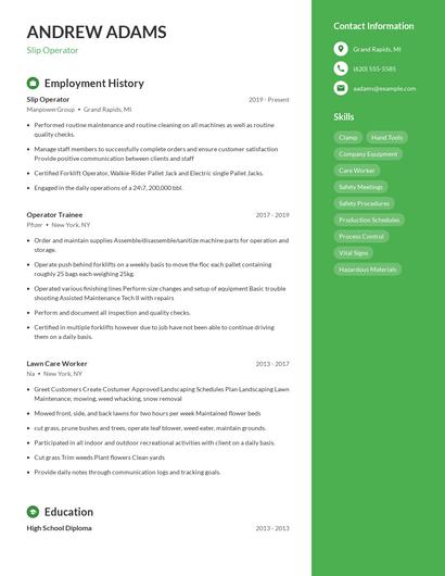 Slip Operator Resume