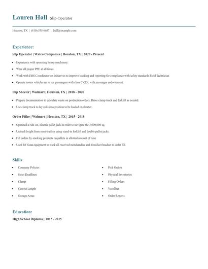 Slip Operator Resume