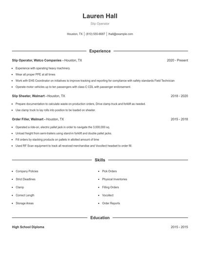 Slip Operator Resume