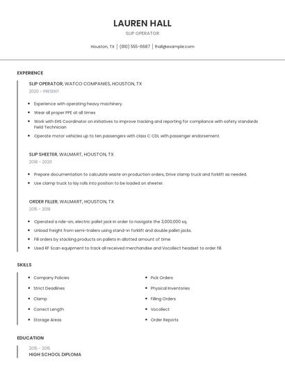 Slip Operator Resume