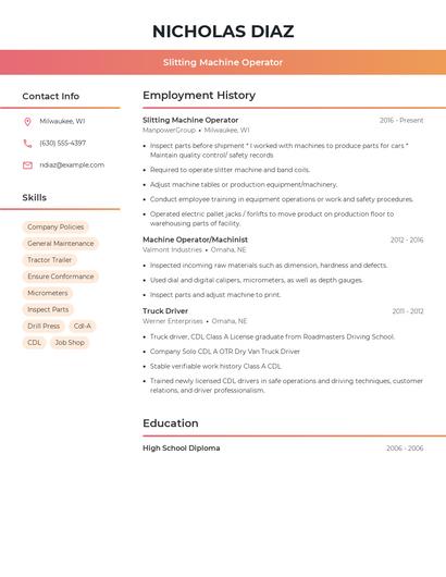 Slitting Machine Operator Resume