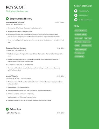 Slitting Machine Operator Resume