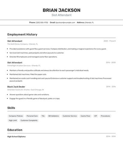 Slot Attendant Resume