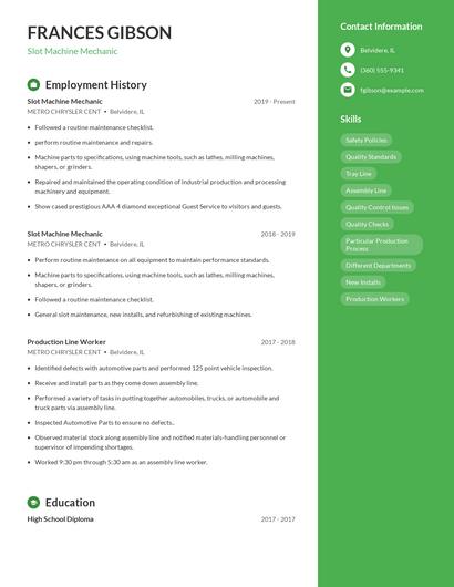 Slot Machine Mechanic Resume