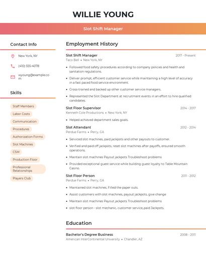 Slot Shift Manager Resume