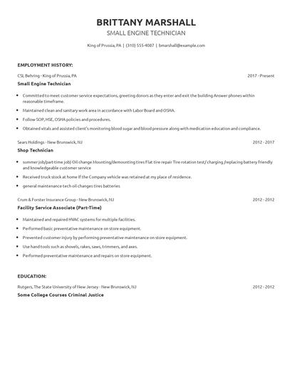 Small Engine Technician Resume