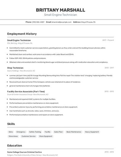 Small Engine Technician Resume