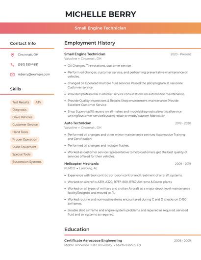 Small Engine Technician Resume