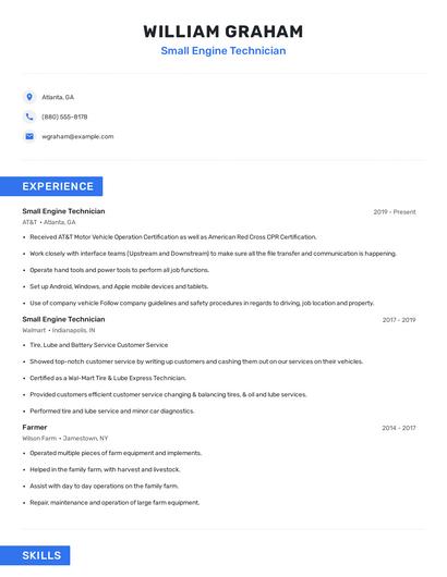 Small Engine Technician Resume