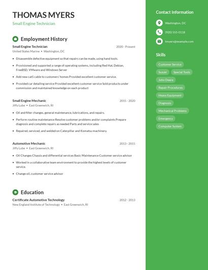 Small Engine Technician Resume