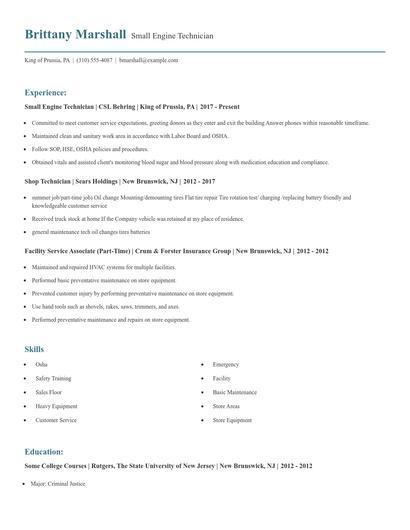 Small Engine Technician Resume