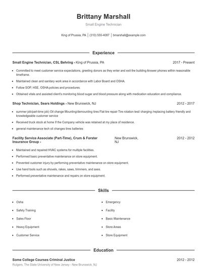 Small Engine Technician Resume
