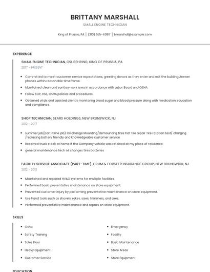 Small Engine Technician Resume