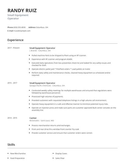 Small Equipment Operator Resume