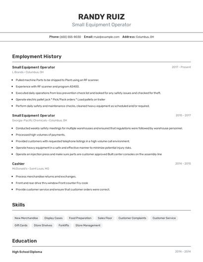 Small Equipment Operator Resume