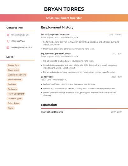 Small Equipment Operator Resume