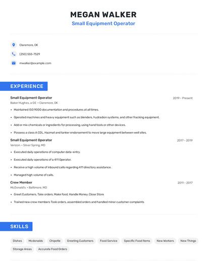 Small Equipment Operator Resume