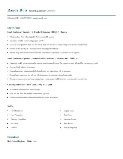 Small Equipment Operator Resume