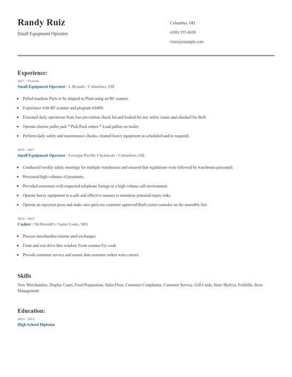 Small Equipment Operator Resume