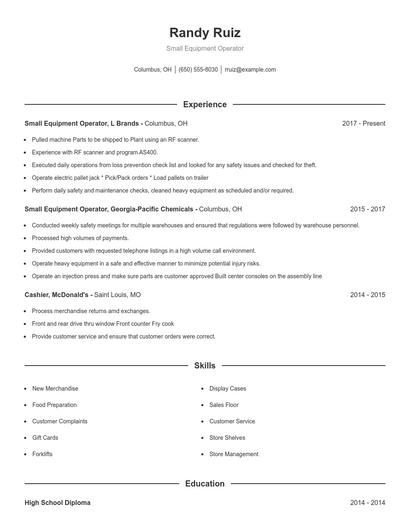 Small Equipment Operator Resume