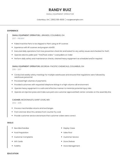 Small Equipment Operator Resume