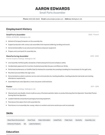 Small Parts Assembler Resume