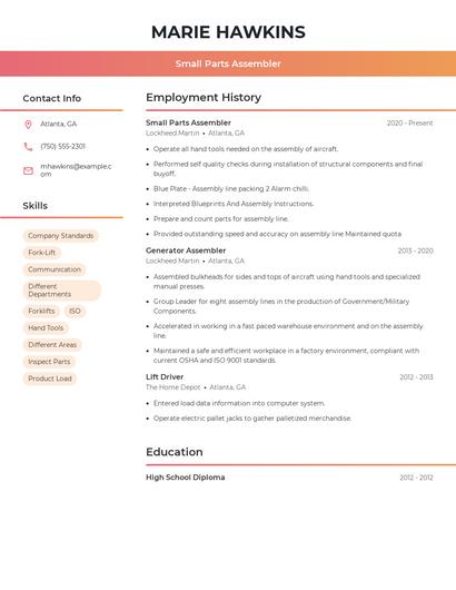Small Parts Assembler Resume