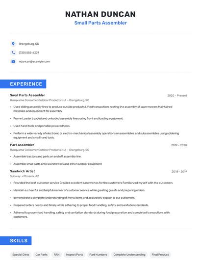 Small Parts Assembler Resume
