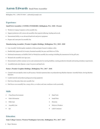 Small Parts Assembler Resume