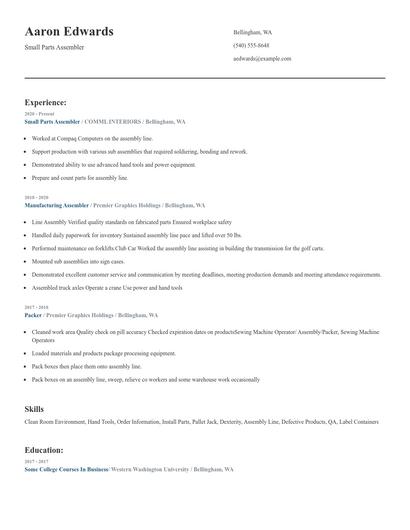 Small Parts Assembler Resume