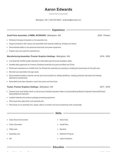 Small Parts Assembler Resume