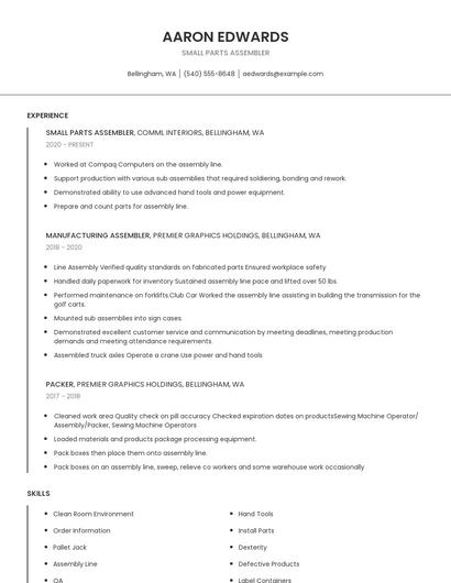 Small Parts Assembler Resume