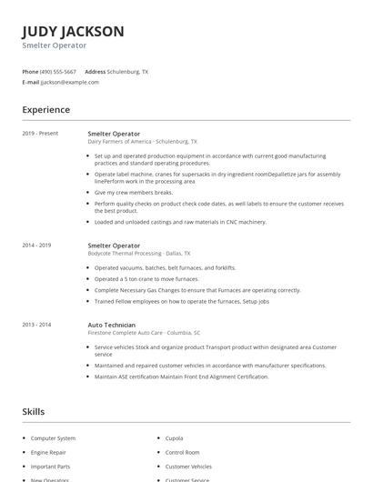 Smelter Operator Resume
