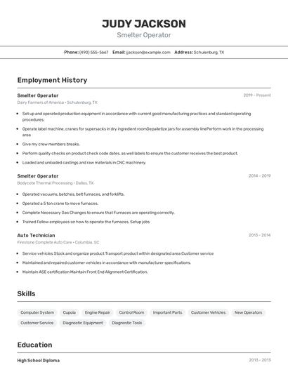 Smelter Operator Resume