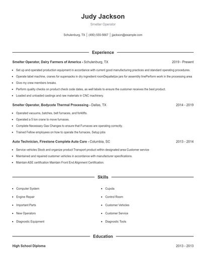 Smelter Operator Resume