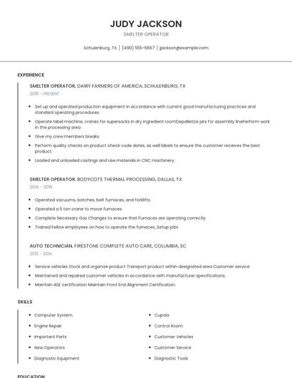 Smelter Operator Resume